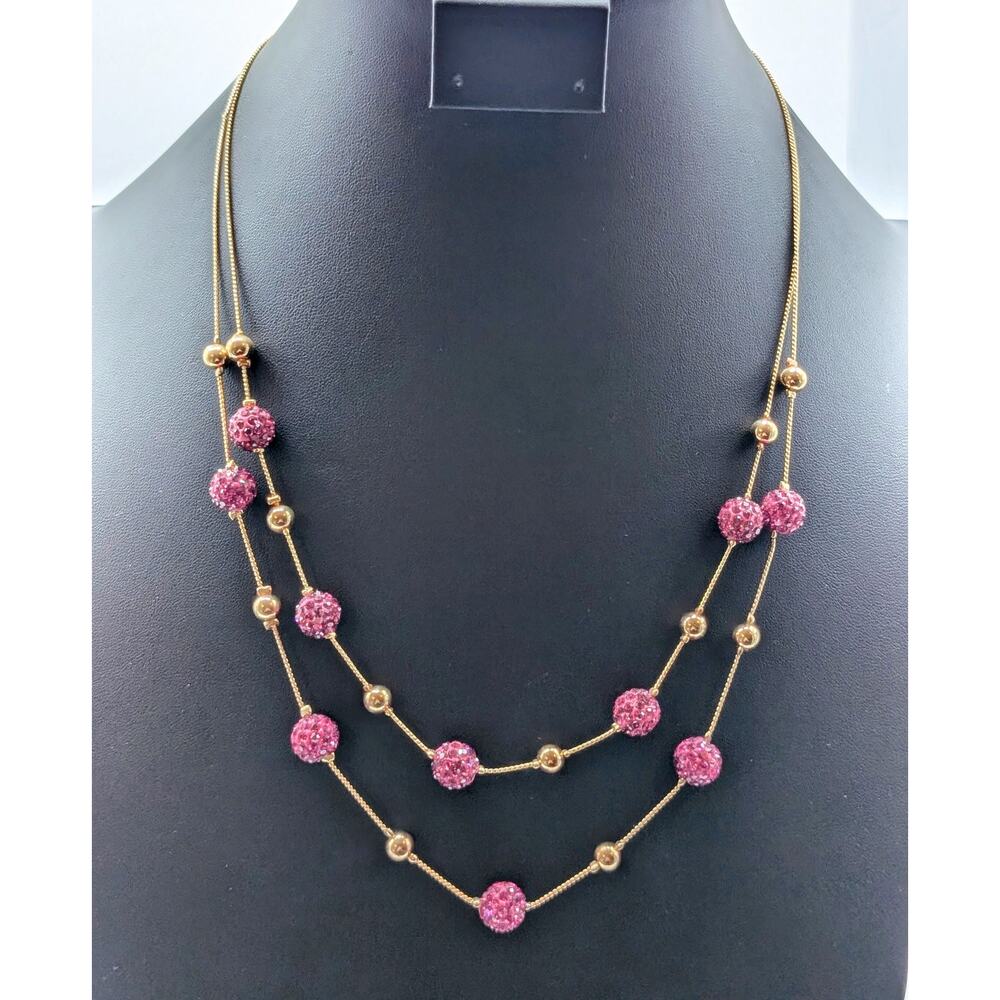 Two Strand Gold Tone Pink Razzle Dazzle Disco Ball Bead 18"-21" Necklace